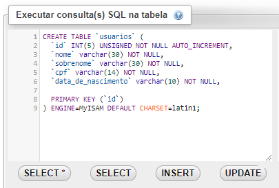 Script para criação de tabelas SQL no phpMyAdmin